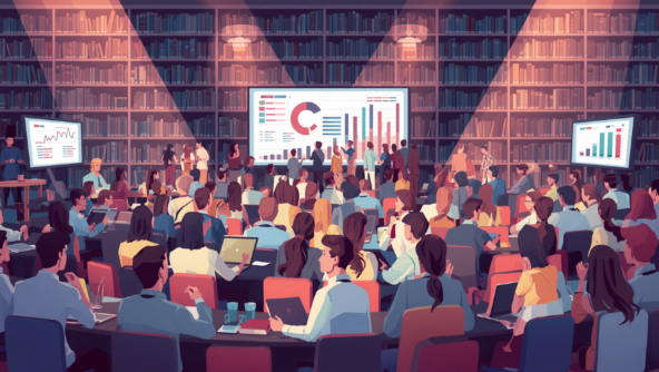 Immagine professionale per eventi di dottorato di ricerca in management, con elementi accademici come libri, grafici, networking professionale, ambiente universitario moderno