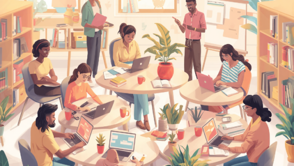 Immagine moderna per corsi di formazione, con elementi come libri, laptop, studenti che imparano, aula, materiali didattici, atmosfera educativa e professionale