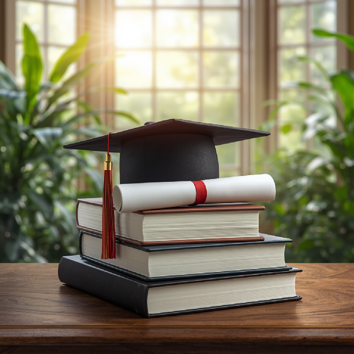 Immagine professionale per ammissioni al dottorato, con elementi accademici come tocco di laurea, libri, diploma, atmosfera elegante e ispirazionale